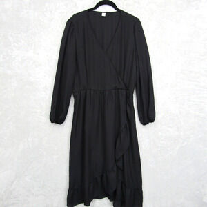 Old Navy Women's Black Faux Wrap Long Sleeve Dress Size L Sheer V Neck Ruffle